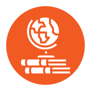 Orange circle with globe and books icon