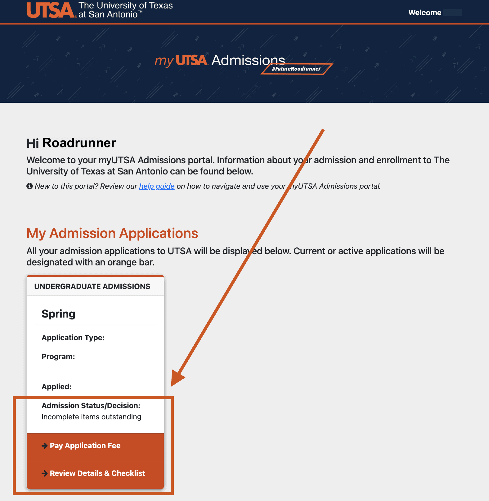 myUTSA Admissions Portal Screenshot