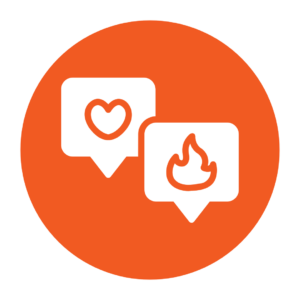 Orange circle with text bubbles that have heart and fire image