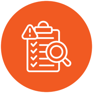 Blue clipboard with magnifying glass on an orange background signifying policy analysis.