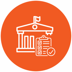 Orange icon with an image of a building and a clipboard