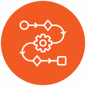 Orange icon that has a white path curvy line with a cog in the middle
