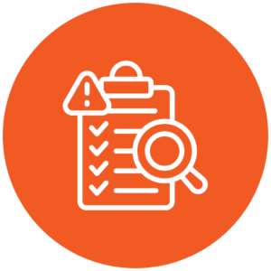 Orange icon that has a clipboard and magnifying glass on it