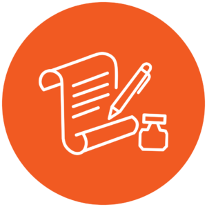 Blue outline of a pen writing on a piece of paper next to an ink bottle signifying legal writing.