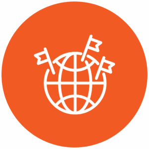 Orange icon that has a globe with flags coming out of it