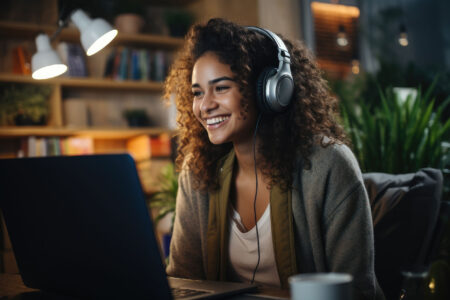 Woman wearing headphones smiling at computer