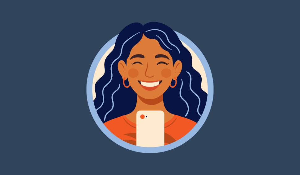 ai image of a girl with tan skin, blue hair and an orange shirt.